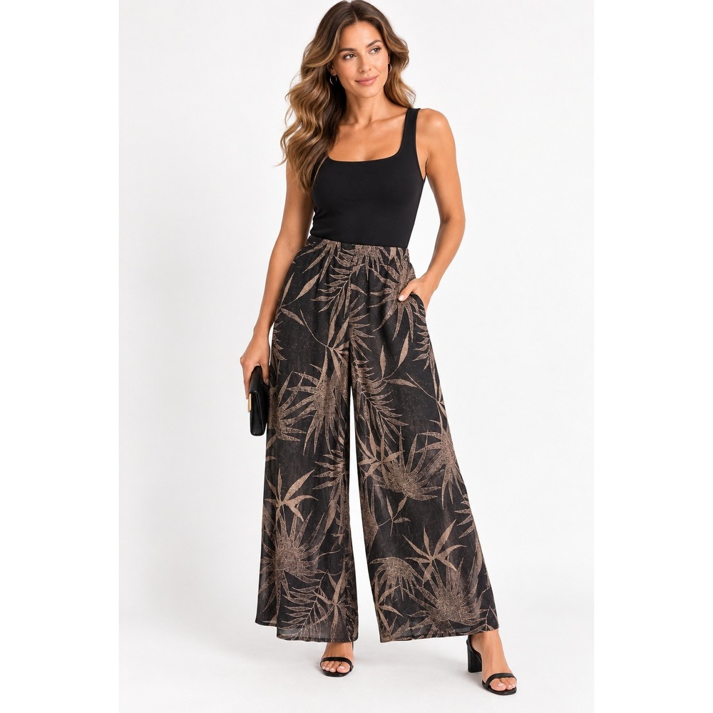 MSK Wide Leg Pants Black Gold Palm Print Metallic Glam Resort Party Medium